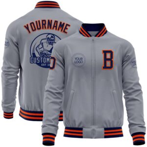 Custom Gray Navy Orange Bomber Varsity Letterman&hellip;