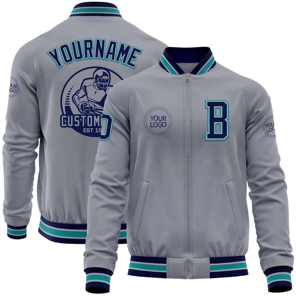 Custom Gray Navy Teal Bomber Varsity Baseball Jacket, Custom Team Jacket