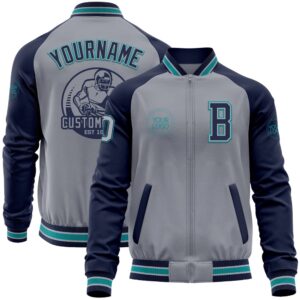 Custom Gray Navy Teal Varsity Baseball Jacket,&hellip;
