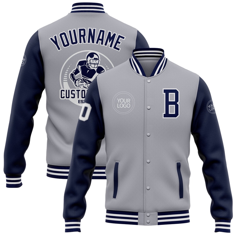 Custom Gray Navy White Bomber Full Snap Varsity Baseball Jacket, Custom Team Jacket