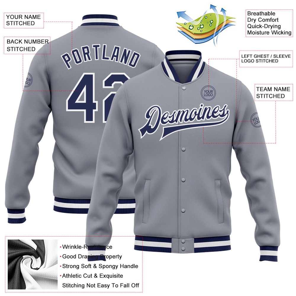 Custom Gray Navy White Bomber Full Snap Varsity Letterman Jacket, Custom Team Jacket