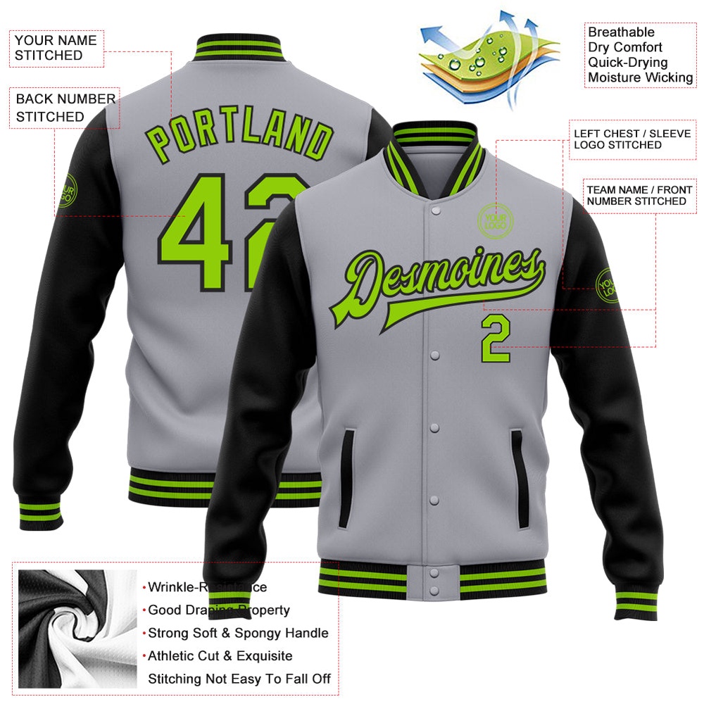 Custom Gray Neon Green Black Bomber Full Snap Varsity Baseball Jacket, Custom Team Jacket