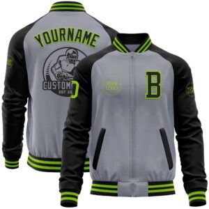Custom Gray Neon Green Black Bomber Varsity&hellip;