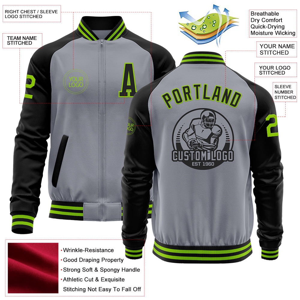Custom Gray Neon Green Black Bomber Varsity Baseball Jacket, Custom Team Jacket