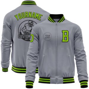 Custom Gray Neon Green Black Bomber Varsity&hellip;