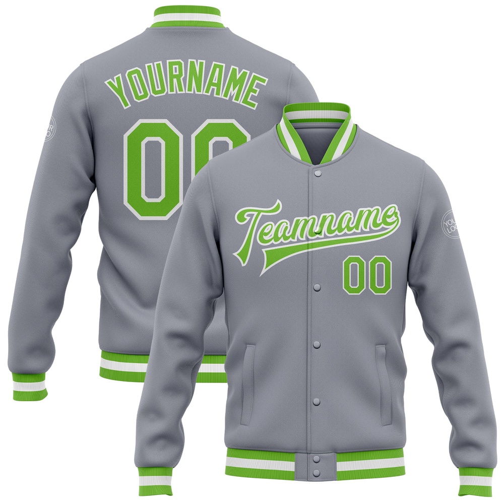 Custom Gray Neon Green White Bomber Full Snap Baseball Jacket, Custom Team Jacket