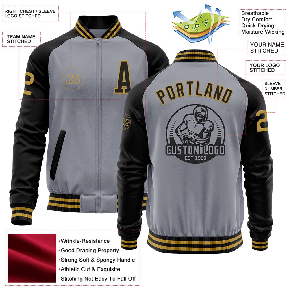 Custom Gray Old Gold Black Bomber Varsity Baseball Jacket, Custom Team Jacket