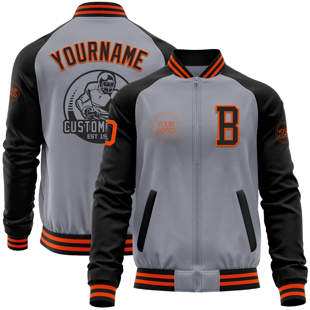 Custom Gray Orange Black Bomber Varsity Baseball Jacket, Custom Team Jacket