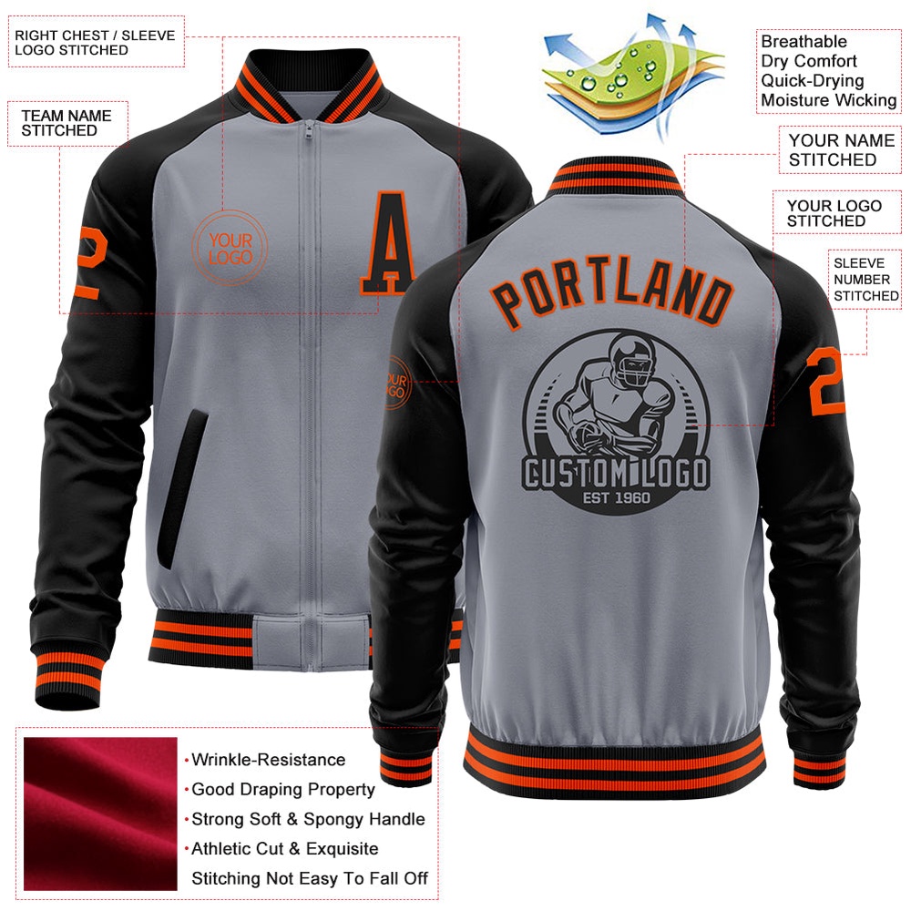 Custom Gray Orange Black Bomber Varsity Baseball Jacket, Custom Team Jacket