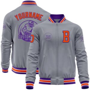 Custom Gray Orange Purple Bomber Varsity Baseball&hellip;