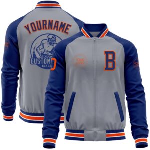 Custom Gray Orange Royal Bomber Varsity Baseball&hellip;