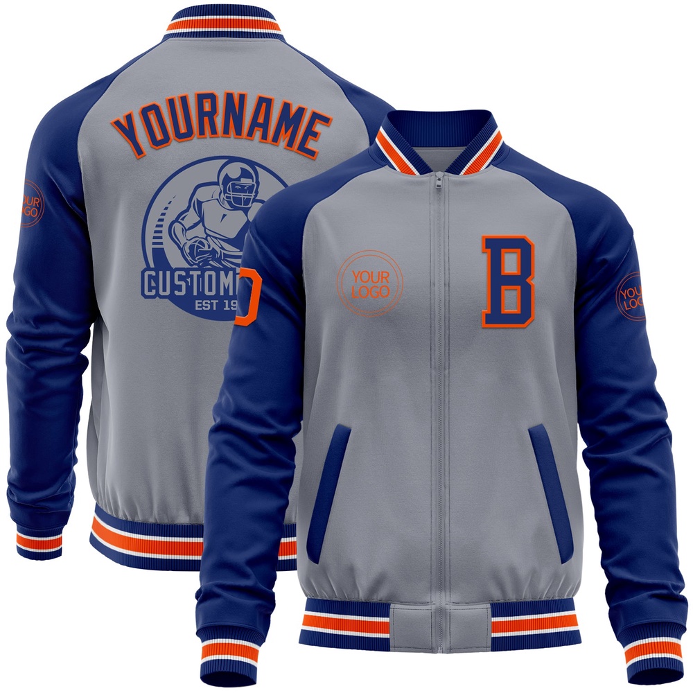 Custom Gray Orange Royal Bomber Varsity Baseball Jacket, Custom Team Jacket