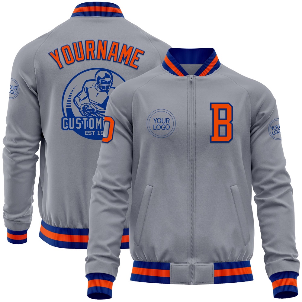 Custom Gray Orange Royal Bomber Varsity Letterman Zipper Jacket, Custom Team Jacket