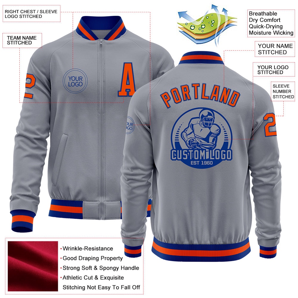 Custom Gray Orange Royal Bomber Varsity Letterman Zipper Jacket, Custom Team Jacket