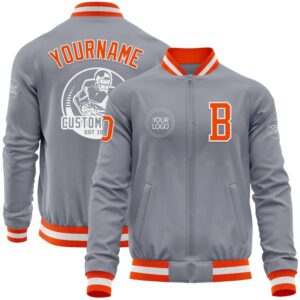 Custom Gray Orange White Bomber Varsity Baseball&hellip;