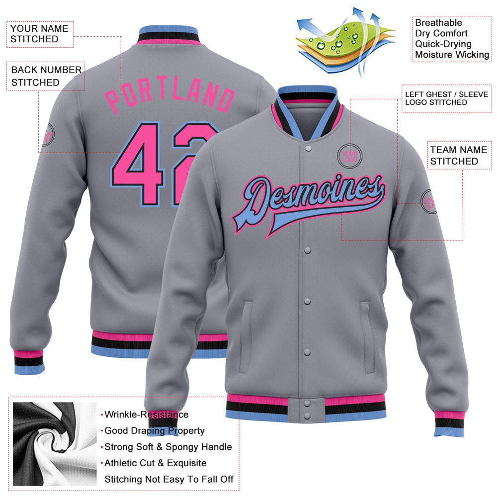 Custom Gray Pink Black Light Blue Bomber Full Snap Baseball Jacket, Custom Team Jacket