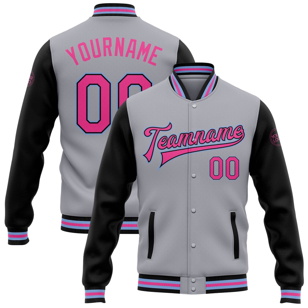 Custom Gray Pink Black Light Blue Bomber Full Snap Varsity Baseball Jacket, Custom Team Jacket