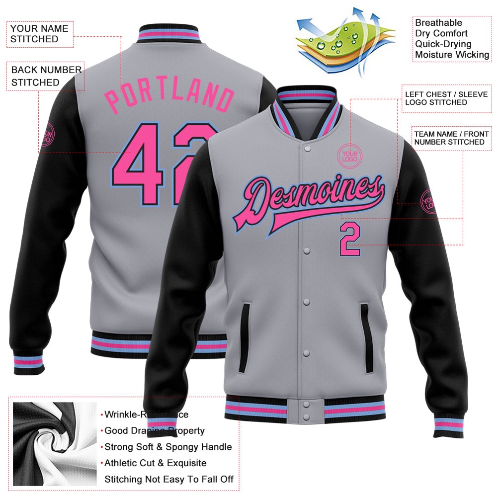Custom Gray Pink Black Light Blue Bomber Full Snap Varsity Baseball Jacket, Custom Team Jacket