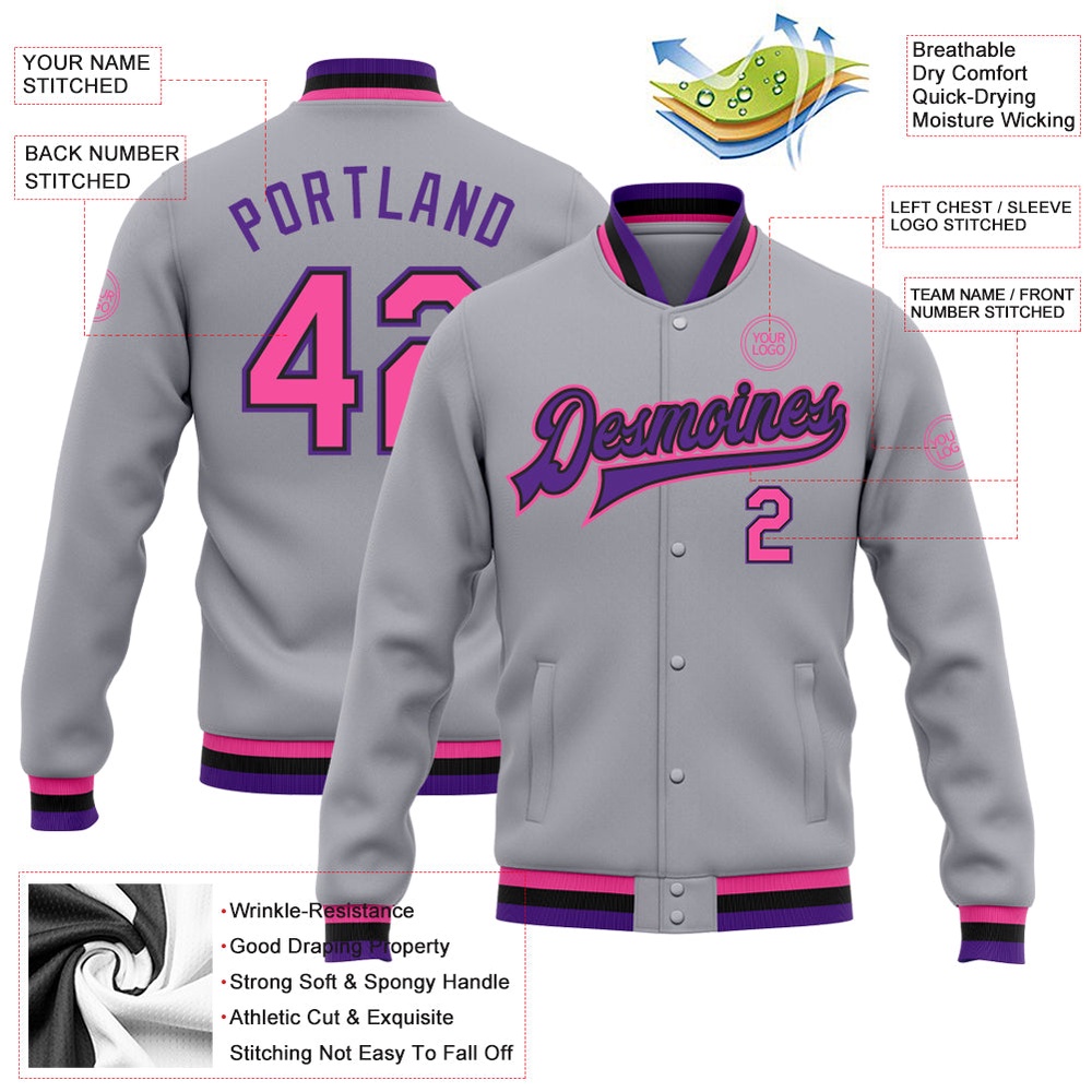 Custom Gray Pink Black Purple Bomber Full Snap Baseball Jacket, Custom Team Jacket