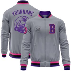 Custom Gray Pink Black Purple Bomber Varsity&hellip;
