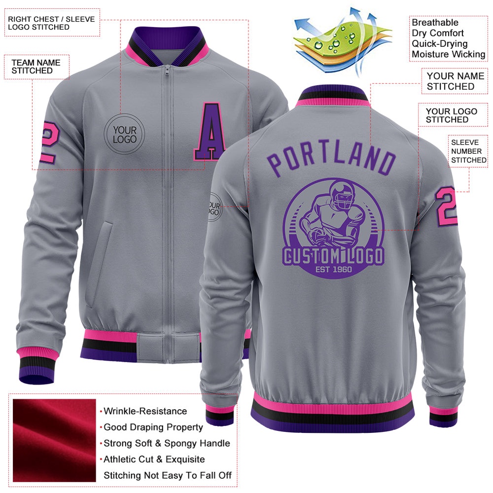 Custom Gray Pink Black Purple Bomber Varsity Baseball Jacket, Custom Team Jacket