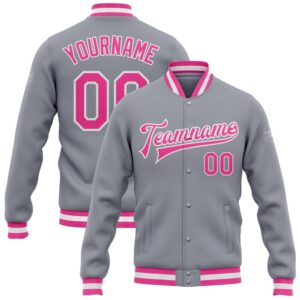 Custom Gray Pink White Bomber Full Snap&hellip;