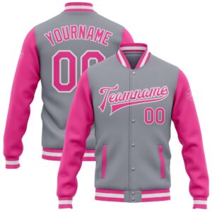Custom Gray Pink White Bomber Full Snap&hellip;