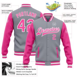 Custom Gray Pink White Bomber Full Snap Varsity Baseball Jacket Custom Team Jacket 2 uveqxn.jpg