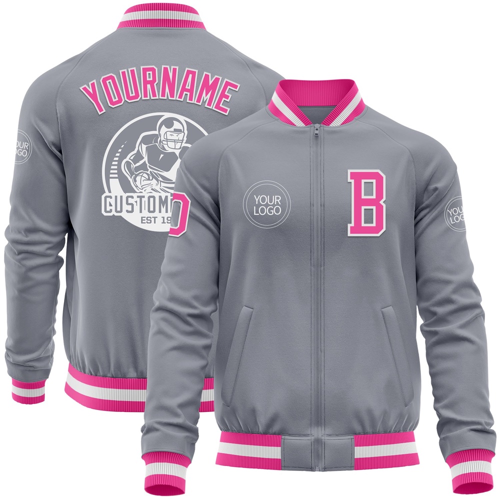 Custom Gray Pink White Bomber Varsity Baseball Jacket, Custom Team Jacket