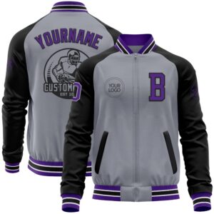 Custom Gray Purple Black Bomber Varsity Baseball&hellip;