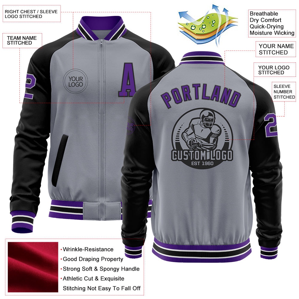 Custom Gray Purple Black Bomber Varsity Baseball Jacket, Custom Team Jacket