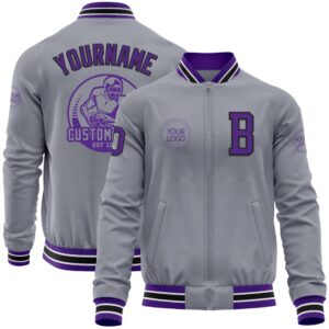 Custom Gray Purple Black Bomber Varsity Letterman&hellip;