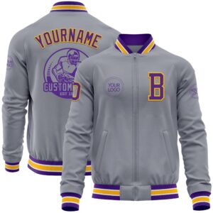 Custom Gray Purple Gold Bomber Varsity Baseball&hellip;