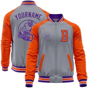 Custom Gray Purple Orange Bomber Varsity Baseball&hellip;