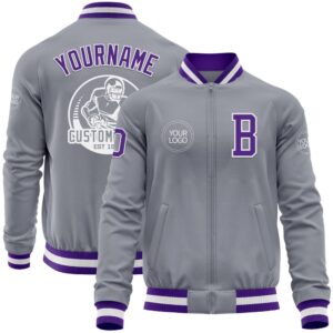 Custom Gray Purple White Bomber Varsity Baseball&hellip;