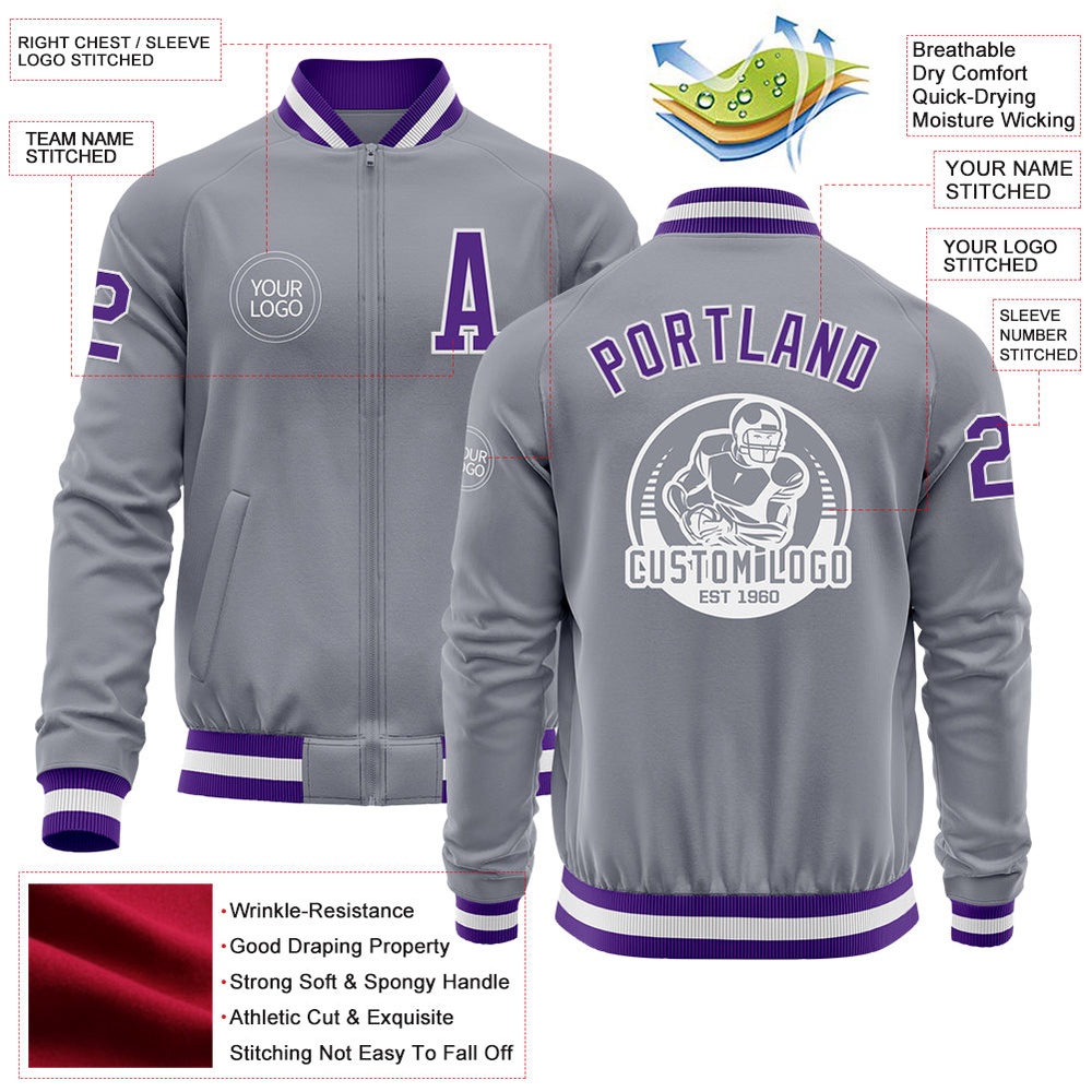 Custom Gray Purple White Bomber Varsity Baseball Jacket, Custom Team Jacket