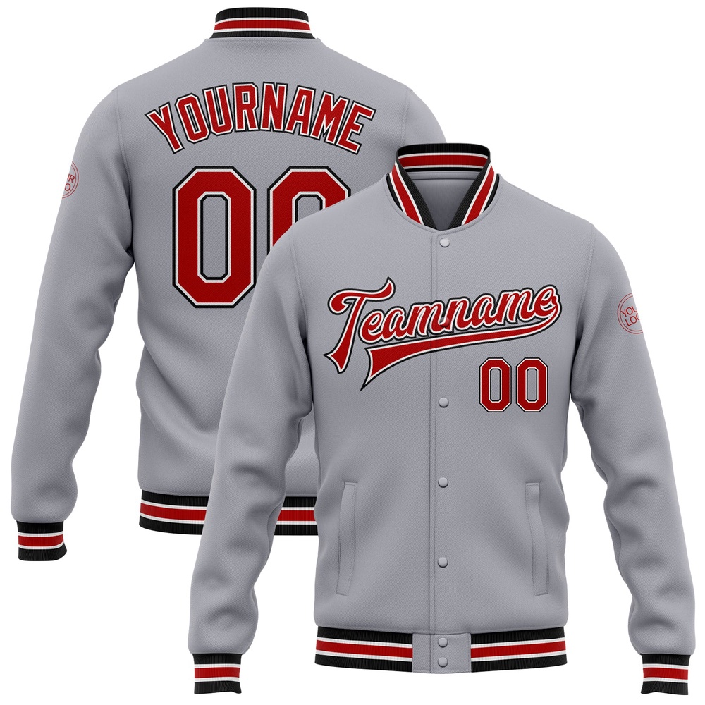 Custom Gray Red Black Bomber Full Snap Baseball Jacket, Custom Team Jacket