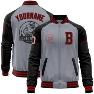 Custom Gray Red Black Bomber Varsity Baseball&hellip;