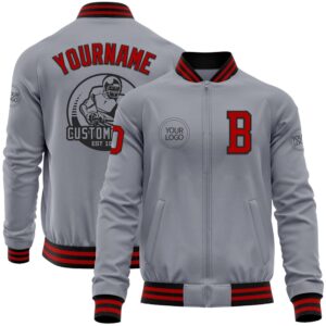 Custom Gray Red Black Bomber Varsity Letterman&hellip;
