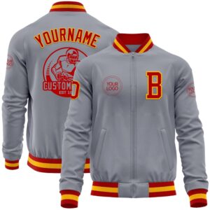 Custom Gray Red Gold Bomber Varsity Baseball&hellip;