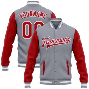 Custom Gray Red White Bomber Full Snap&hellip;