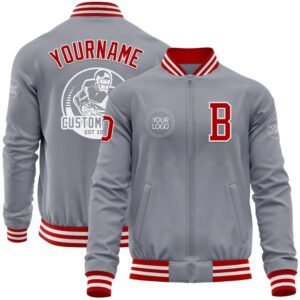 Custom Gray Red White Bomber Varsity Baseball&hellip;