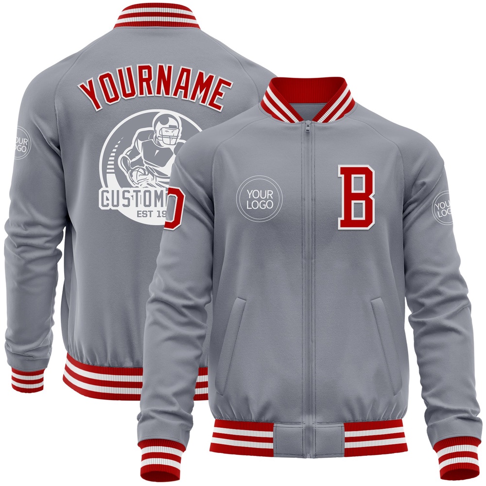 Custom Gray Red White Bomber Varsity Baseball Jacket, Custom Team Jacket