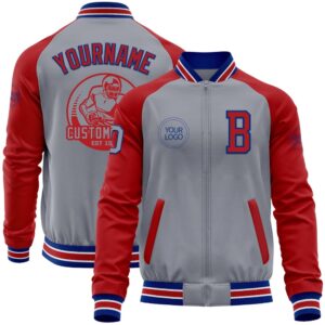 Custom Gray Royal Red Bomber Varsity Baseball&hellip;