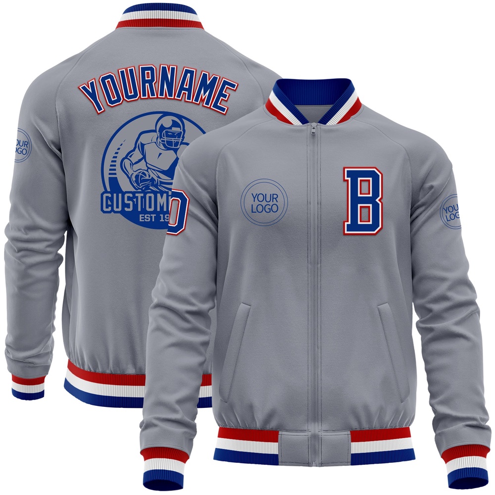 Custom Gray Royal Red Bomber Varsity Letterman Zipper Jacket, Custom Team Jacket