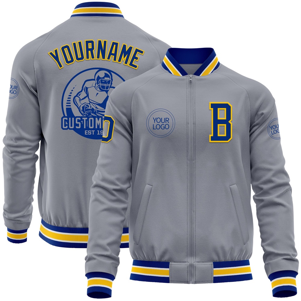 Custom Gray Royal Yellow Bomber Varsity Baseball Jacket, Custom Team Jacket
