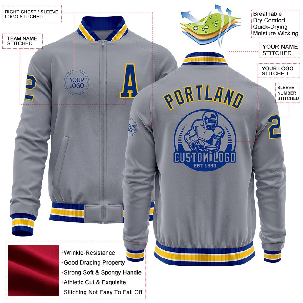 Custom Gray Royal Yellow Bomber Varsity Baseball Jacket, Custom Team Jacket