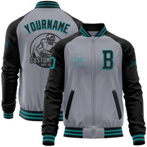 Custom Gray Teal Black Bomber Varsity Baseball&hellip;