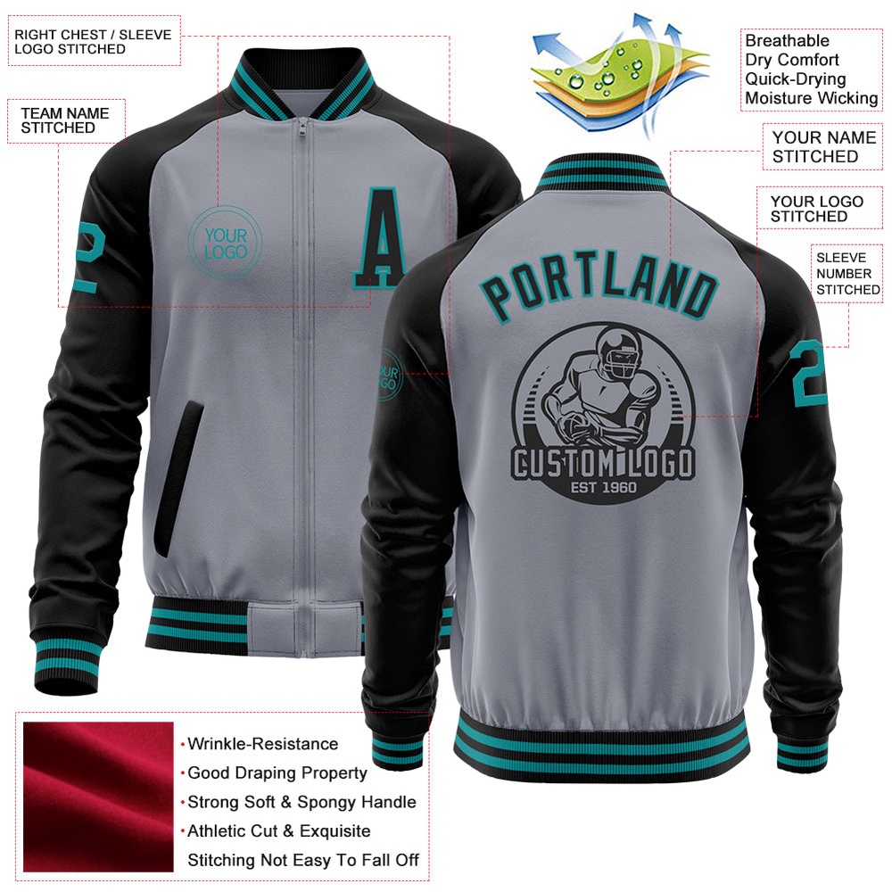 Custom Gray Teal Black Bomber Varsity Baseball Jacket, Custom Team Jacket