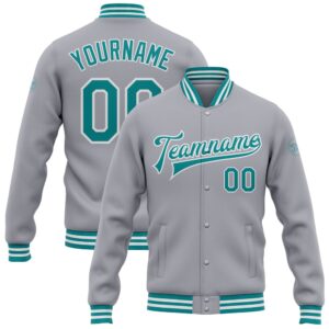 Custom Gray Teal White Bomber Full Snap&hellip;